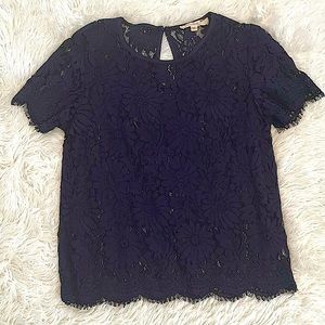 Navy Floral Lace Short Sleeve Top, M